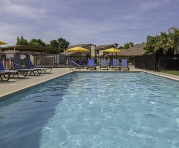 a resort style pool with lounge chairs and umbrellas