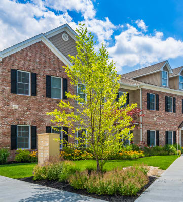 a large brick building with a tree in front of it