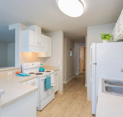a kitchen with white cabinets and a sink and a refrigerator