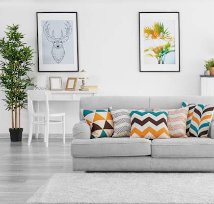 A living room with a grey couch and a white rug.
