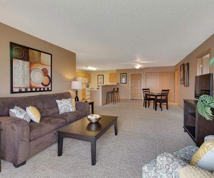 A living room with a brown couch and a coffee table.