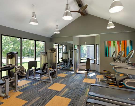 A gym with treadmills, weights, and exercise equipment.