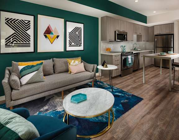 topaz furnished model living room and kitchen at Topaz Apartments, Los Angeles, 90013