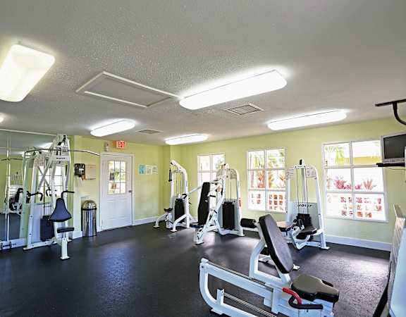 a fitness room with weights and cardio equipment at  Bridgewater Apartments , Florida 33716