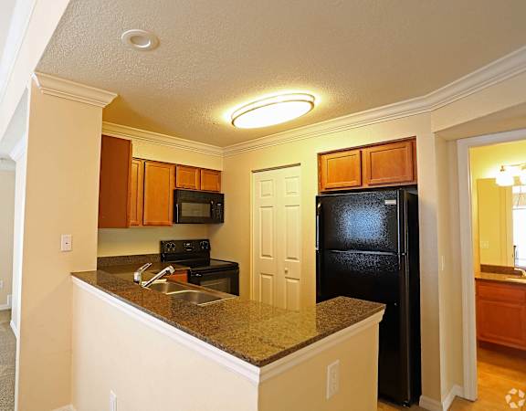 a kitchen with granite countertops and black appliances at  Bridgewater Apartments , Florida 33716