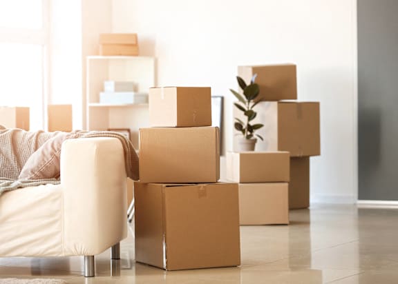 a room full of cardboard boxes on the floor and a couch