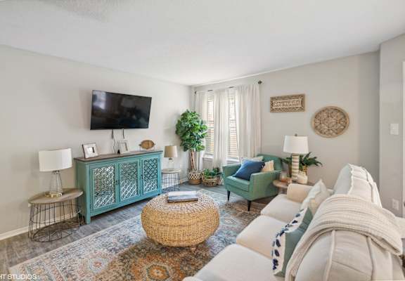 a living room with a couch and a tv at The Local Apartments, Memphis, Tennessee