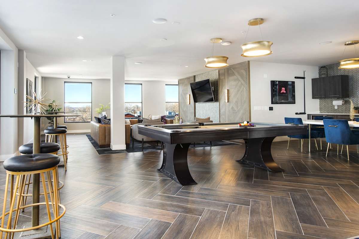 The Lydian resident lounge with pool table and bar - Denver, CO