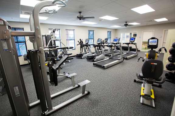 A gym with treadmills, weight machines, and a fan.