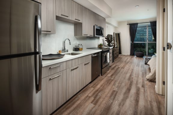 model kitchen with stainless steel appliances at Topaz Apartments, Los Angeles