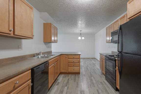 A kitchen with black appliances and wooden cabinets.
