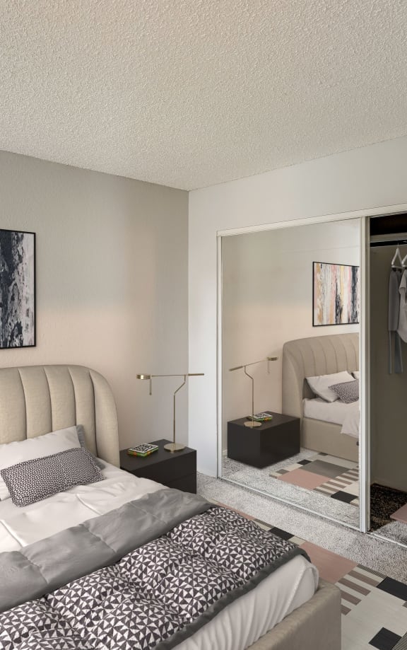 a bedroom with a bed and a closet