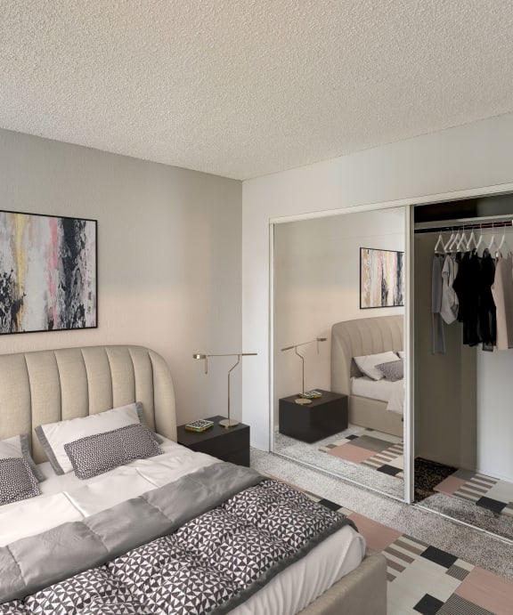 a bedroom with two beds and a large mirror