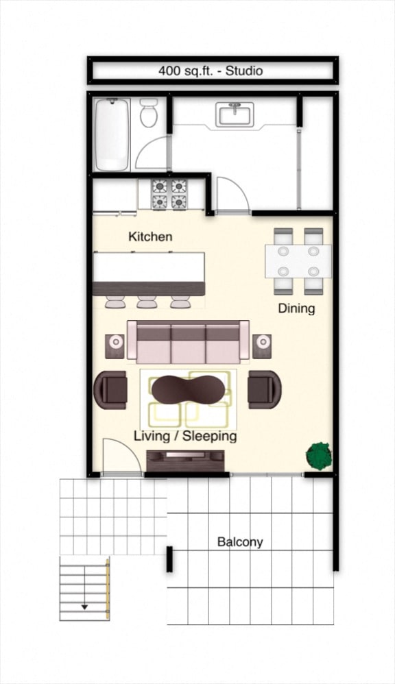 Floor Plan  Studio with balcony, living/sleeping area, dining space, kitchen, and bathroom with tub