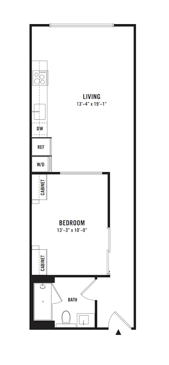 A black and white floor plan of a living room and bedroom.