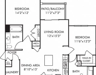 Egret. 2 bedroom apartment. Kitchen with island open to living/dinning rooms. 2 full bathroom. Walk-in closets. Patio/balcony.