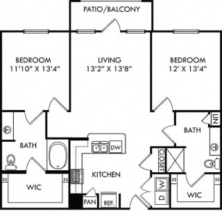 The Zilker. 2 bedroom apartment. Kitchen with bartop open to living room. 2 full bathrooms, double vanity in master, shower stall in guest. Walk-in closets. Patio/balcony.
