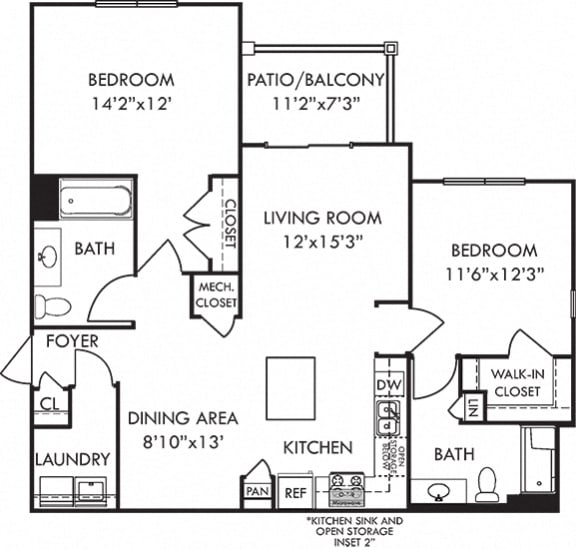 Egret. 2 bedroom apartment. Kitchen with island open to living/dinning rooms. 2 full bathroom. Walk-in closets. Patio/balcony.
