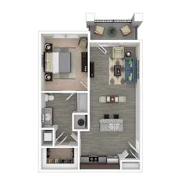 A floor plan of a small apartment with a kitchen, living room, and bathroom.