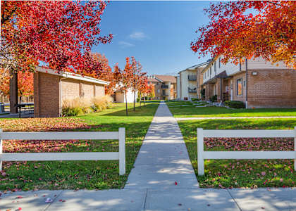 A tree with red leaves is on the left and a tree with orange leaves is on the right.