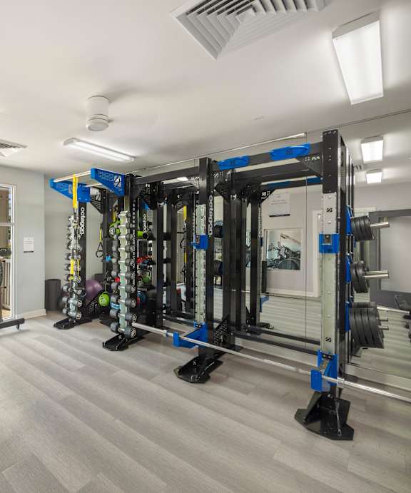 A gym with a variety of equipment including a squat rack, a leg press machine, and a treadmill.
