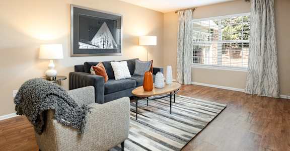 a living room with a couch and a chair and a window