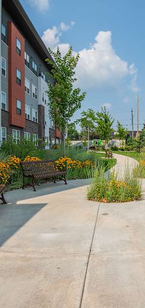 A concrete walkway with benches and flowers on either side.