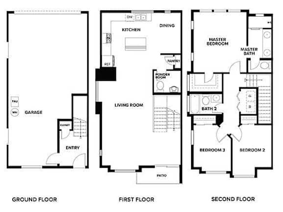 A floor plan of a house with three bedrooms, a garage, and a patio.