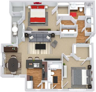 3D madison 2 bedroom apartment. L-shaped kitchen with bartop open to living and dining rooms. 2 full baths. walk-in closets. in-unit laundry. Patio/balcony. storage.