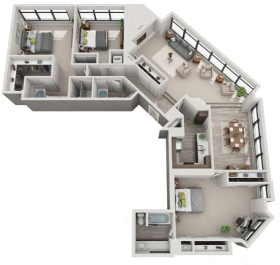 3 Bed 2 Bath Floor Plan with 2,191 Sq. Ft. at The Apartments at Denver Place Apartments in Denver, CO
