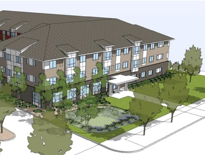 A rendering of a modern building with a large front lawn and trees.