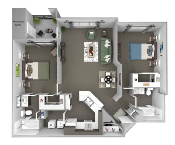 Avenel at Montgomery Square floor plans - The Dublin - B1 - 2 Bed 2 Bath - 3D