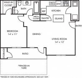 3D Wellesley 1 bedroom apartment with Fenced-in Yard. Kitchen with island. open to dining-living area. 1 full bath. walk-in-closet. in-unit laundry. patio/balcony.