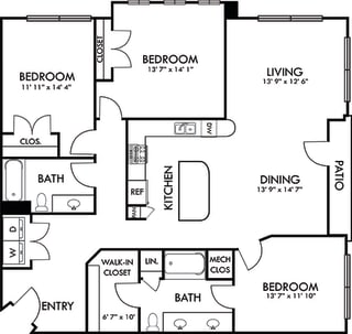 Durham 3 bedroom 2 bath floor plan. L-shaped kitchen with pantry and island open to dining and living area. Walk-in closet in master bedroom. linen closets. balcony. washer/dryer.