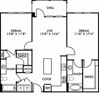 The Nelson. 2 bedroom apartment. Kitchen with island open to living room. 2 full bathroom. Walk-in closets. Patio/balcony.