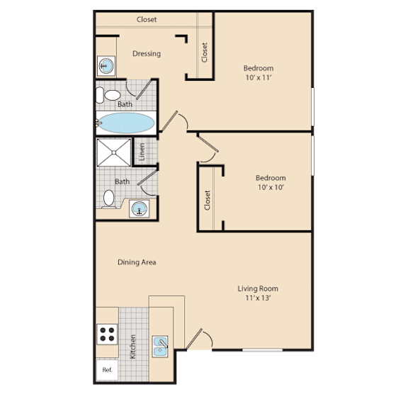 A floor plan of a small apartment with a living room, two bedrooms, a kitchen, and a bathroom.