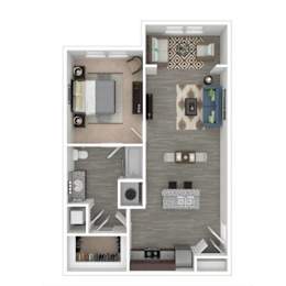 A floor plan of a small apartment with a kitchen, living room, and bathroom.