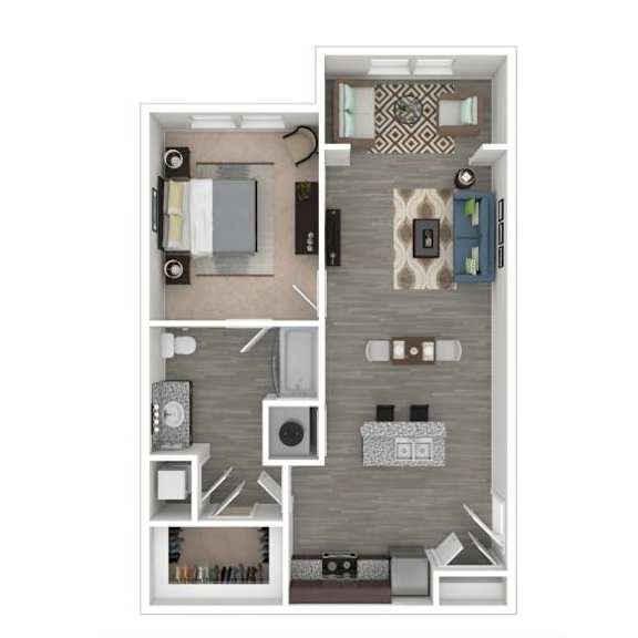 A floor plan of a small apartment with a kitchen, living room, and bathroom.
