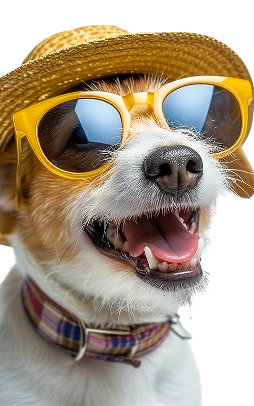 A dog wearing a straw hat and yellow sunglasses.