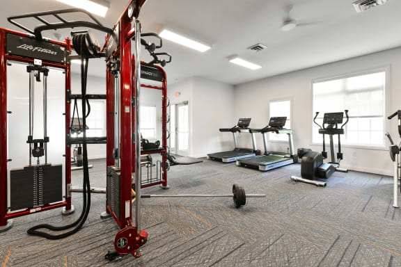 a large fitness room with treadmills and other exercise equipment
