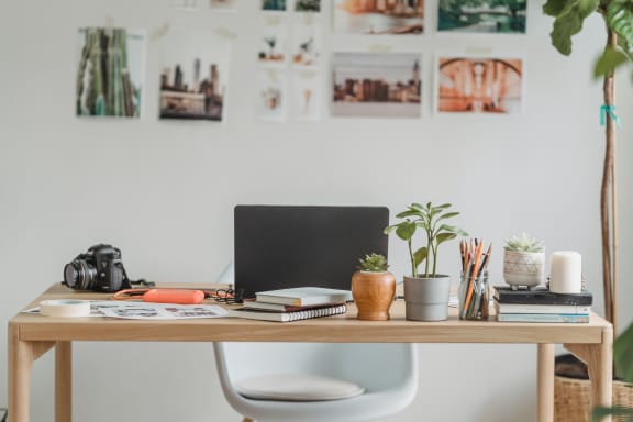 a desk with a laptop and plants