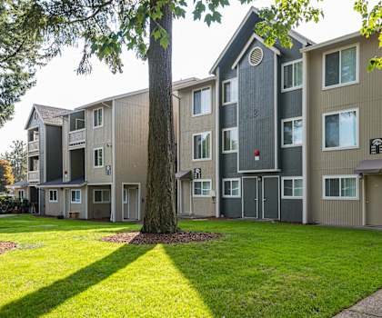 an exterior view of an apartment building with green grass and trees