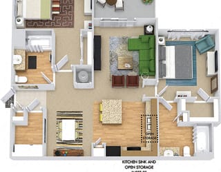 Egret 3D. 2 bedroom apartment. Kitchen with island open to living/dinning rooms. 2 full bathroom. Walk-in closets. Patio/balcony.