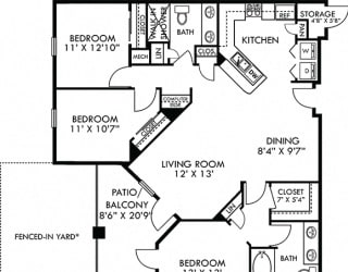 Castellon with Fenced-in Yard. 2 bedroom apartment. Kitchen with bartop open to living room. 2 full bathrooms, double vanities. Walk-in closet in master. Patio/balcony open to yard. External storage.