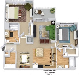Egret 3D. 2 bedroom apartment. Kitchen with island open to living/dinning rooms. 2 full bathroom. Walk-in closets. Patio/balcony.