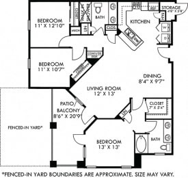 Castellon with Fenced-in Yard. 2 bedroom apartment. Kitchen with bartop open to living room. 2 full bathrooms, double vanities. Walk-in closet in master. Patio/balcony open to yard. External storage.