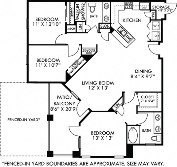 Castellon with Fenced-in Yard. 2 bedroom apartment. Kitchen with bartop open to living room. 2 full bathrooms, double vanities. Walk-in closet in master. Patio/balcony open to yard. External storage.