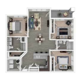 A floor plan of a house with a living room, kitchen, dining room, and bedrooms.