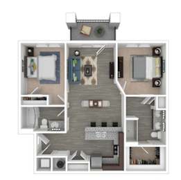 A floor plan of a house with a kitchen, living room, and two bedrooms.