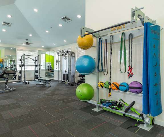 a gym with weights and cardio equipment at the flats